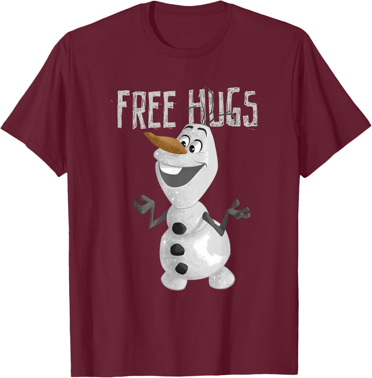 Disney Frozen Olaf Vintage Free Hugs Big Snowman Logo T-Shirt - T-Shirt | Maroon