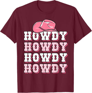 Girls Pink Howdy Western Shirt Cowboy Hat Southern Cowgirl T-Shirt - T-Shirt | Maroon