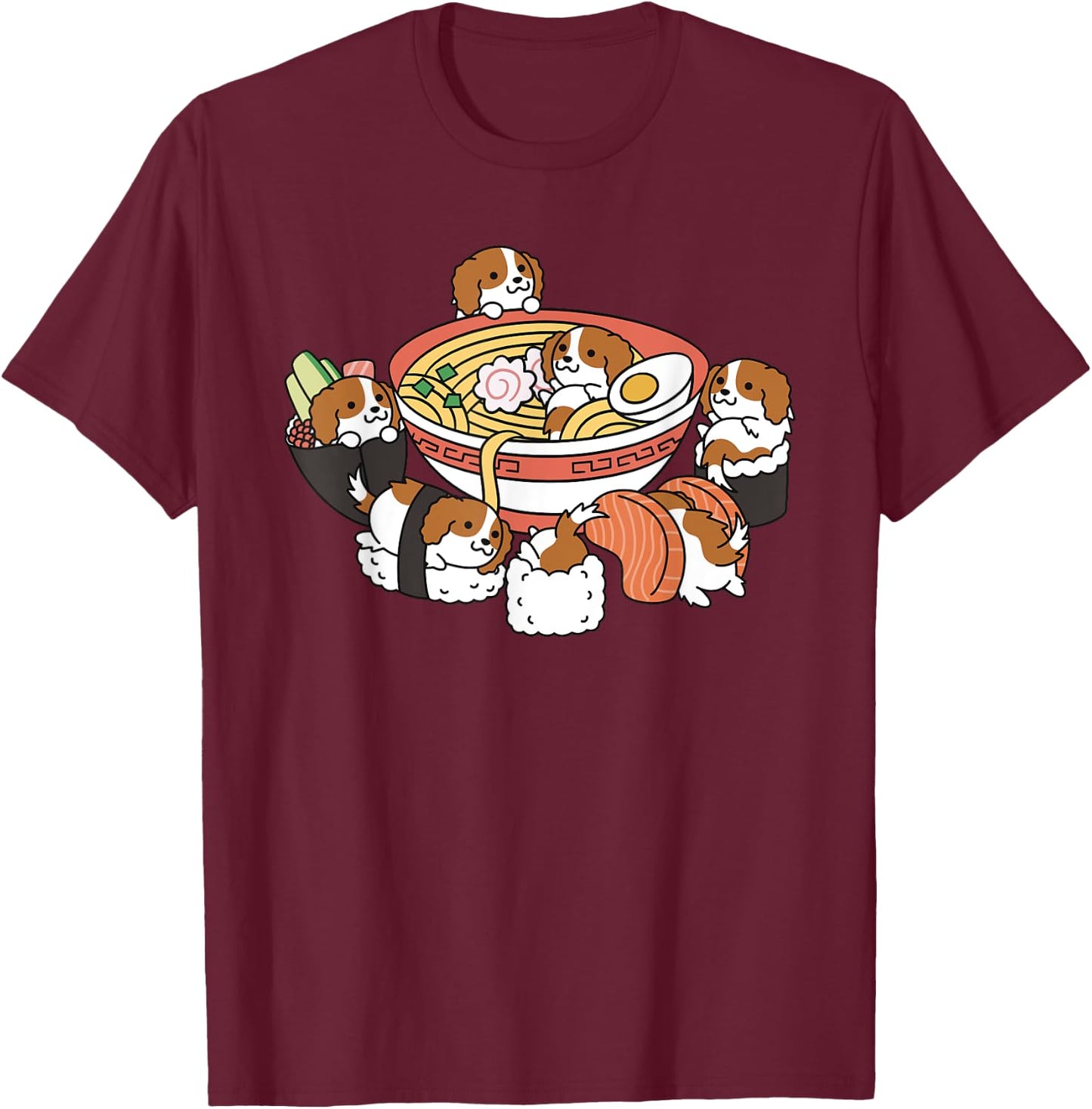 Ramen Sushi Cavalier King Charles Spaniel Dog T-Shirt - T-Shirt | Maroon