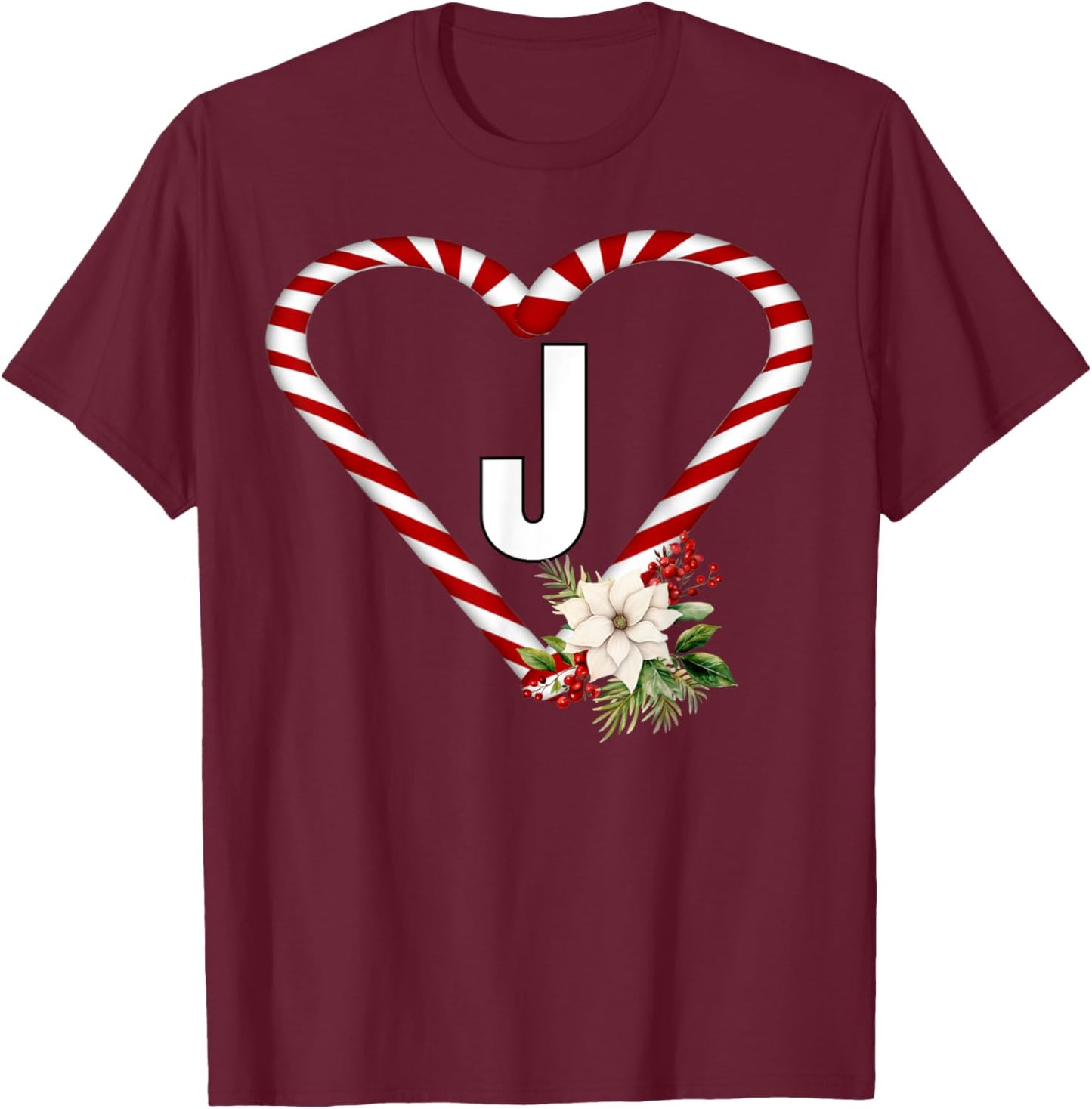 Letter J Christmas Candy Cane Holiday Novelty Christmas T-Shirt - T-Shirt | Maroon