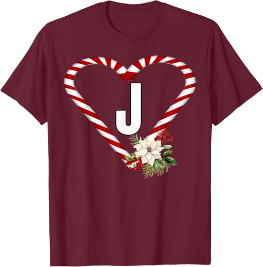 Letter J Christmas Candy Cane Holiday Novelty Christmas T-Shirt - T-Shirt | Maroon