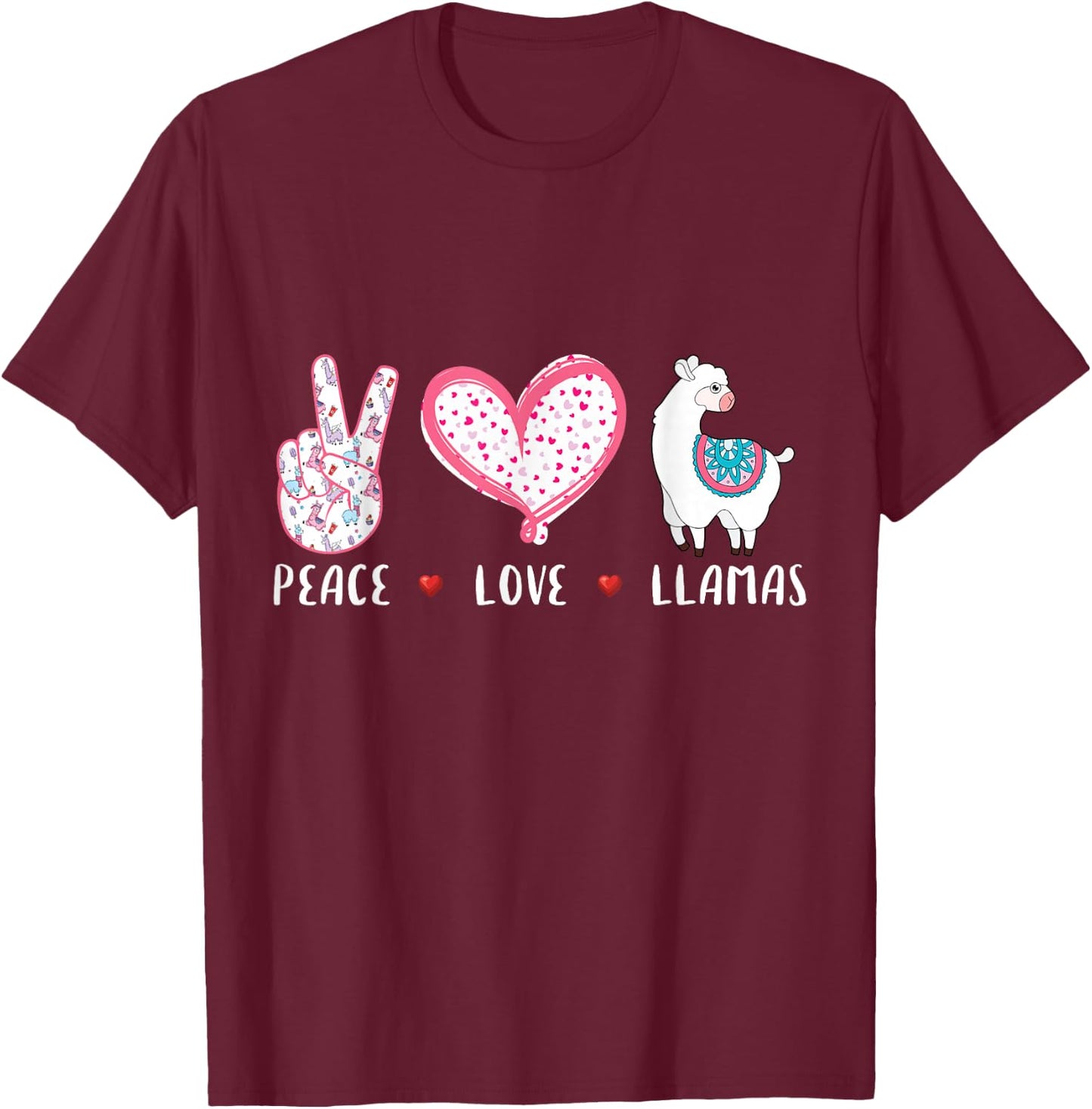Peace Love Llamas Gift Girls Boys Kids Women Men Llama T-Shirt - T-Shirt | Maroon