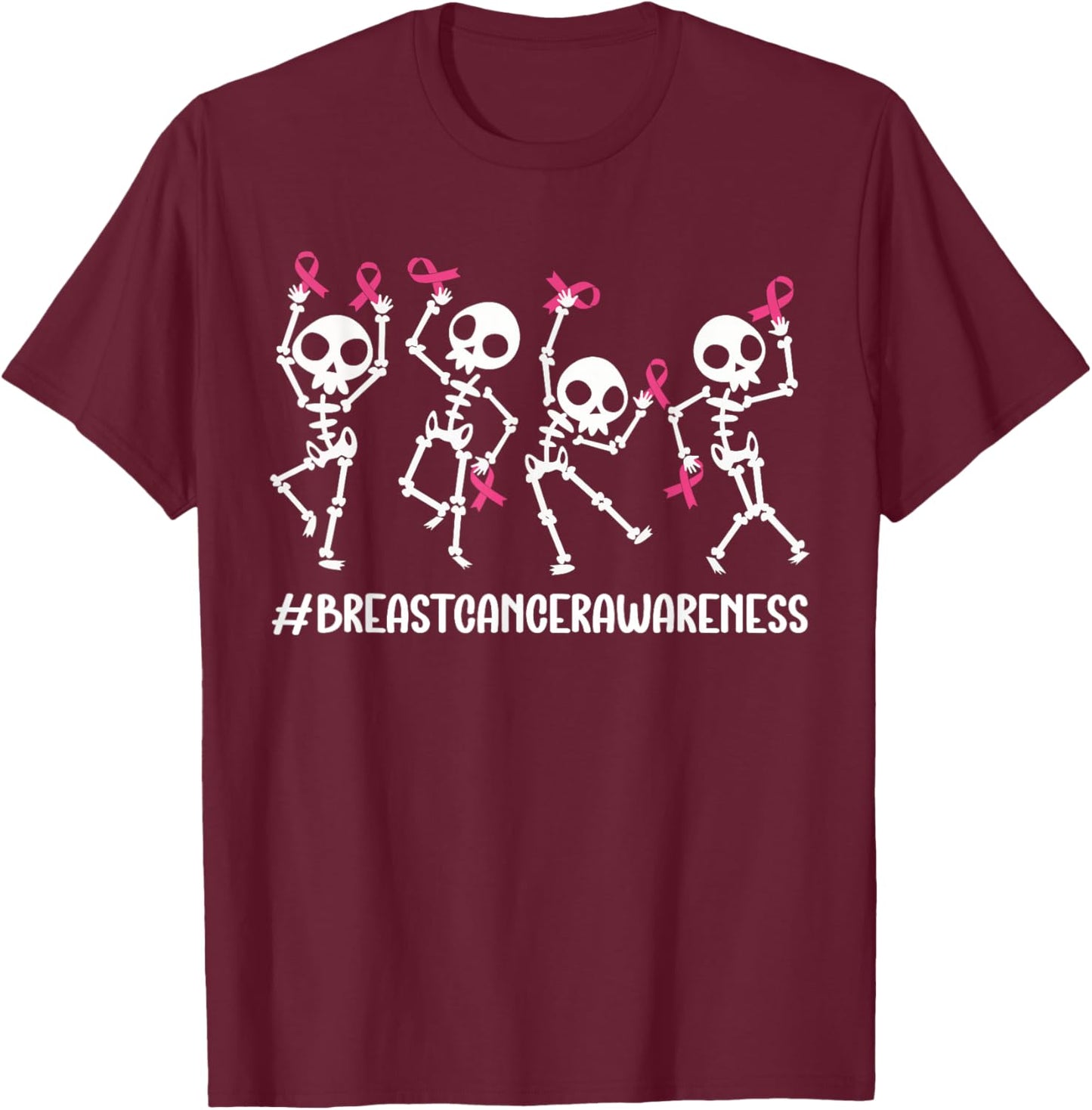 Pink Ribbon Breast Cancer Awareness Skeleton Women Men Kids T-Shirt - T-Shirt | Maroon