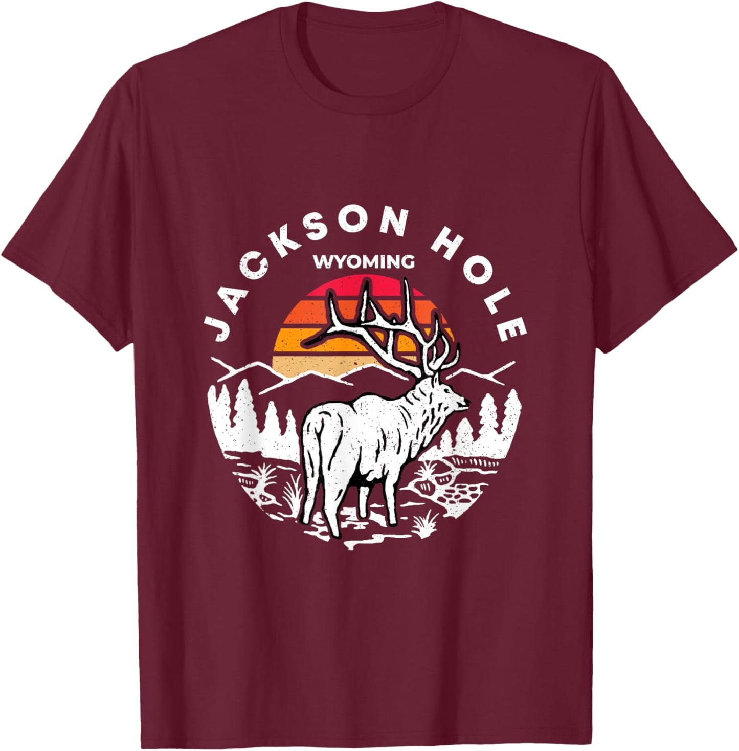 A Buck In Retro Sunset Jackson Hole Wyoming Outdoor T-Shirt - T-Shirt | Maroon