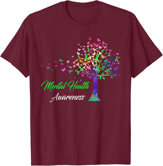 Tree Ribbon Mental Health Awareness T-Shirt - T-Shirt | Maroon