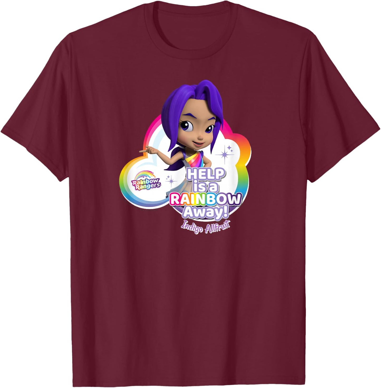 Rainbow Rangers Indigo Allfruit "Help is a Rainbow Away" T-Shirt - T-Shirt | Maroon