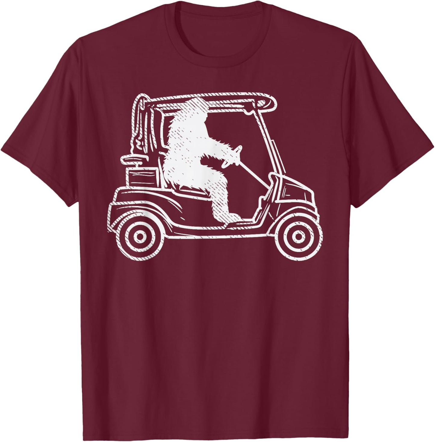 Bigfoot Sasquatch Driving Golf Cart Funny Golfing Golfer T-Shirt - T-Shirt | Maroon