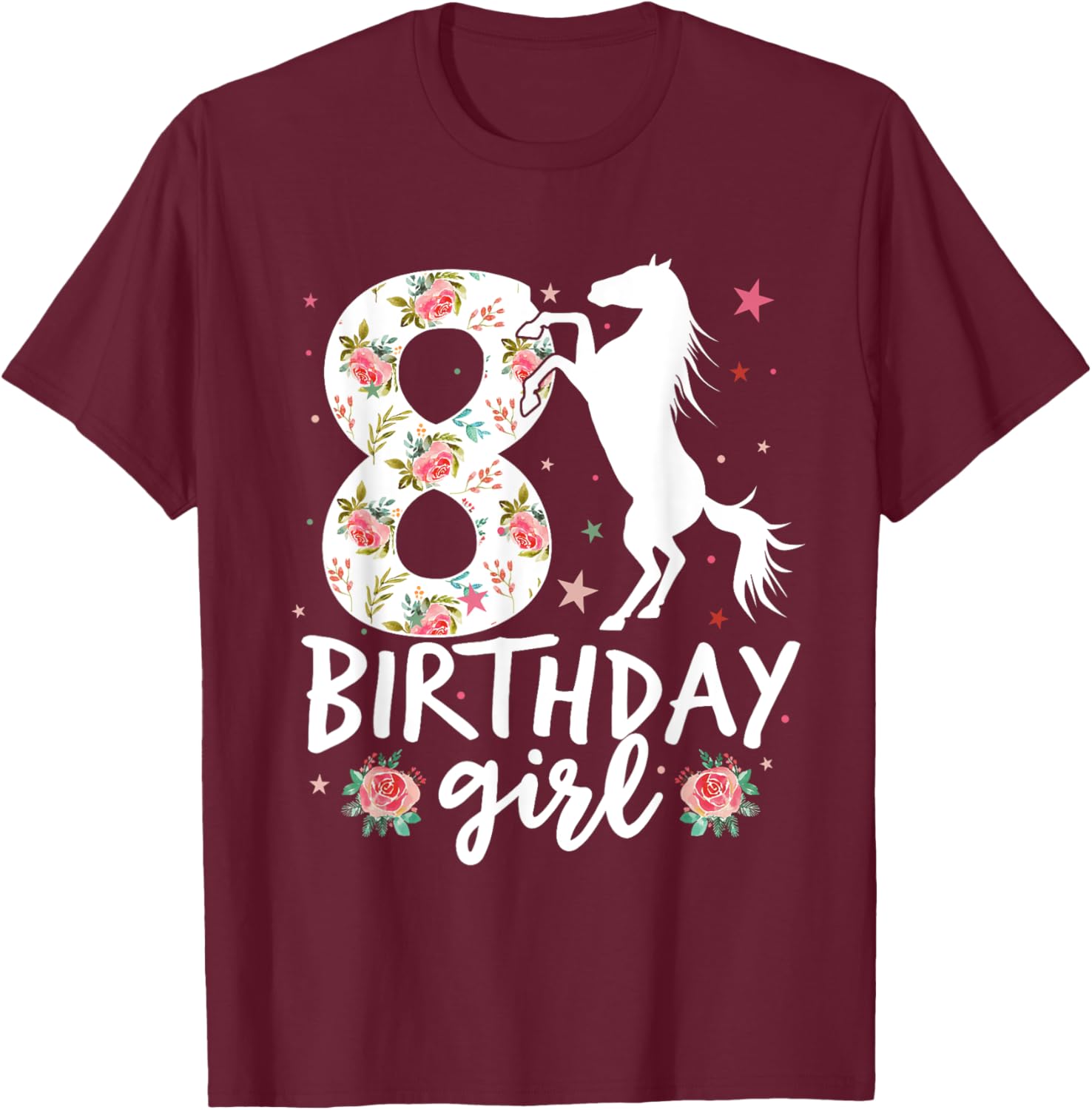 Floral Horse Birthday 8th Birthday 8 Years Old horse girl T-Shirt - T-Shirt | Maroon