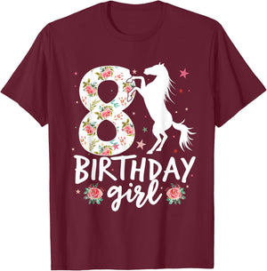 Floral Horse Birthday 8th Birthday 8 Years Old horse girl T-Shirt - T-Shirt | Maroon
