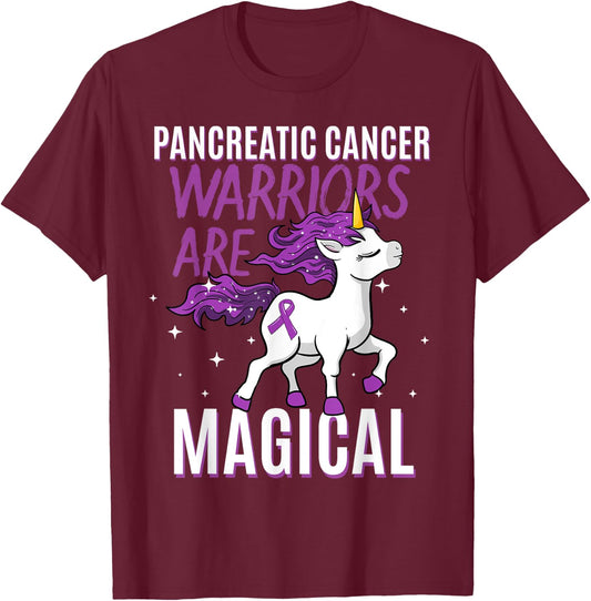 Pancreatic Cancer Warrior Magical Unicorn Purple Ribbon Gift T-Shirt - T-Shirt | Maroon