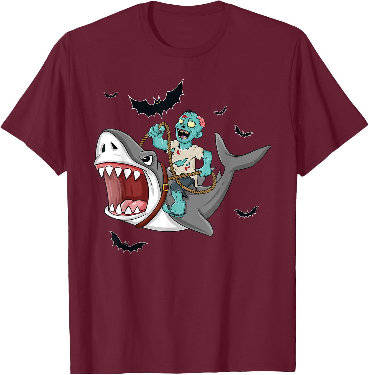 Halloween Zombie Riding Shark Funny Boys Girls Kids T-Shirt - T-Shirt | Maroon
