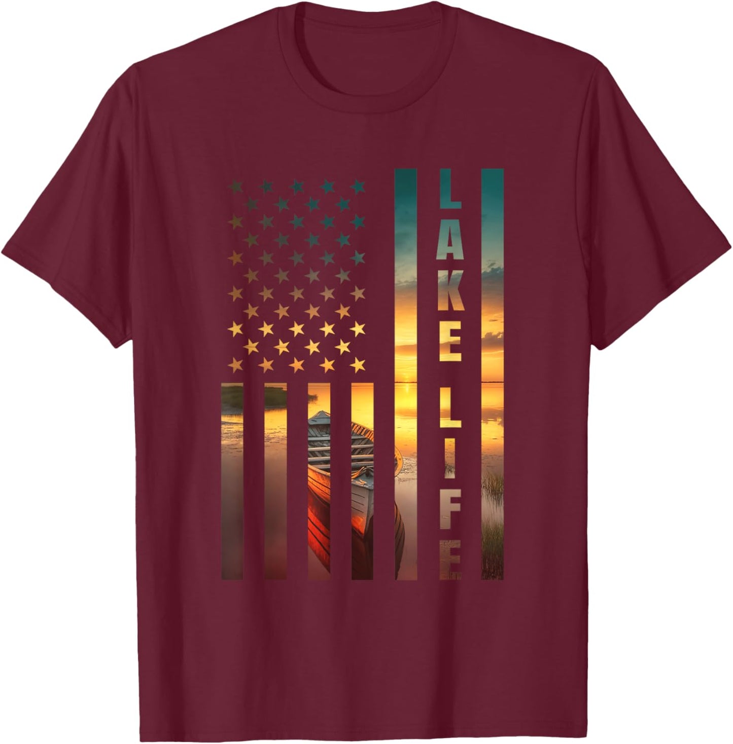 Lake Life Fisherman Sunset American Flag Bass Fishing Boat T-Shirt - T-Shirt | Maroon