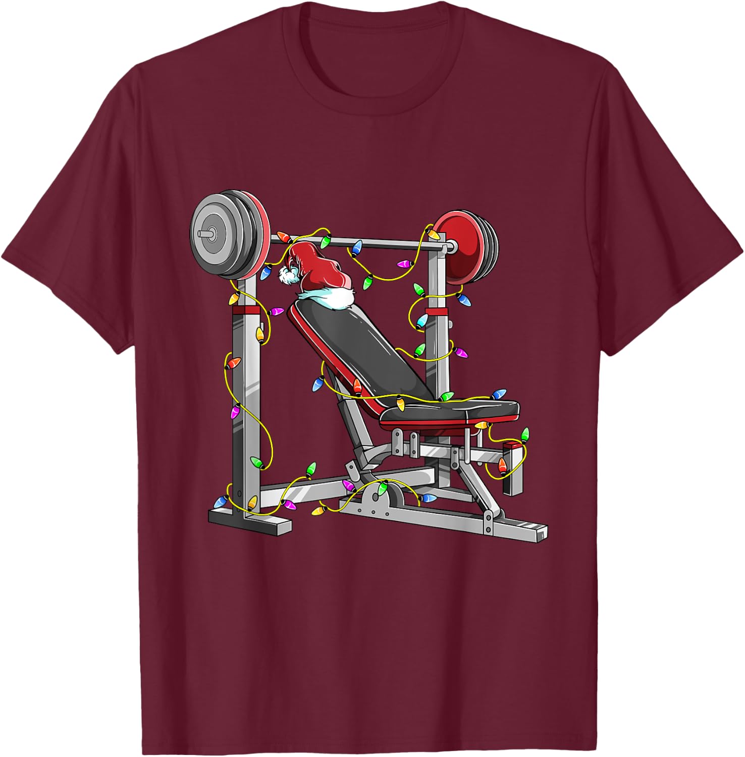 Santa In The Gym Funny Bench Press Christmas Weightlifting T-Shirt - T-Shirt | Maroon