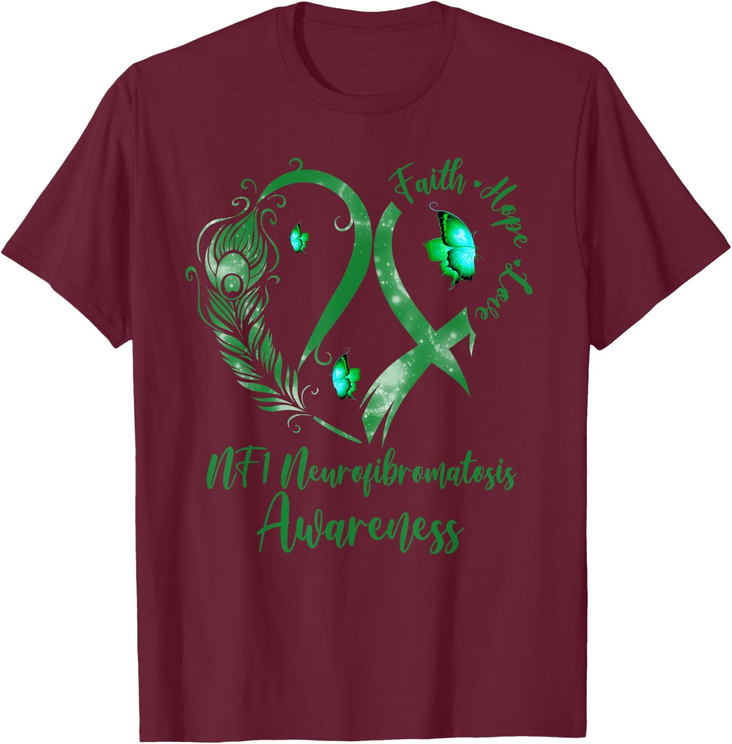 Tu Heart Butterfly Green Ribbon NF1 Awareness T-Shirt - T-Shirt | Maroon
