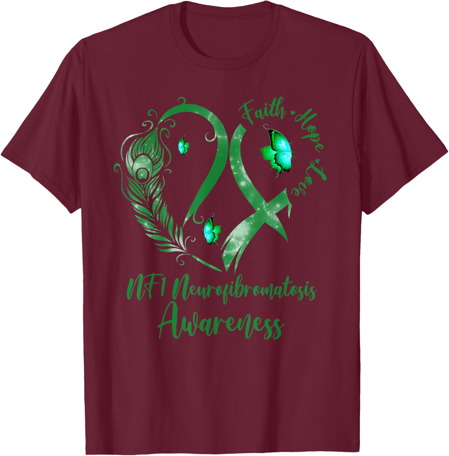 Tu Heart Butterfly Green Ribbon NF1 Awareness T-Shirt - T-Shirt | Maroon