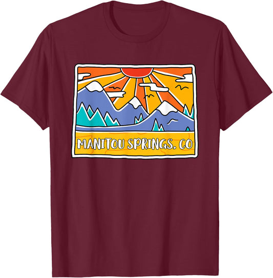 Manitou Springs, CO Colorado Mountains Outdoor art retro sun T-Shirt - T-Shirt | Maroon