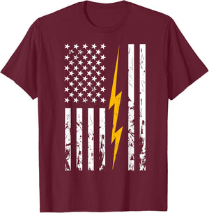 Electrician American Flag Electric Bolt Lineman USA Flag T-Shirt - T-Shirt | Maroon