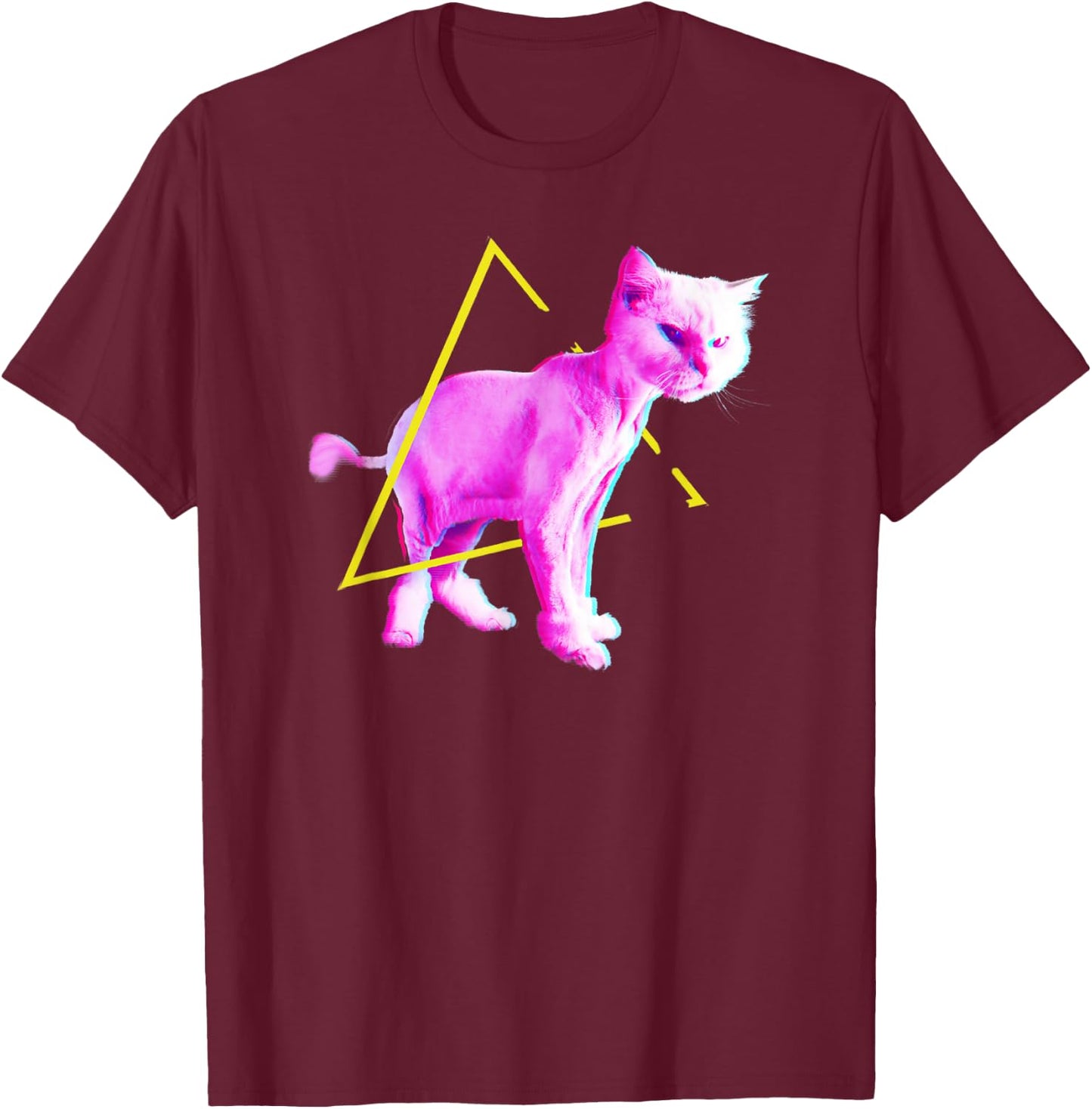 Funny Cat Synthwave Vaporwave Triangle 70s 80s Retrowave Cat T-Shirt - T-Shirt | Maroon