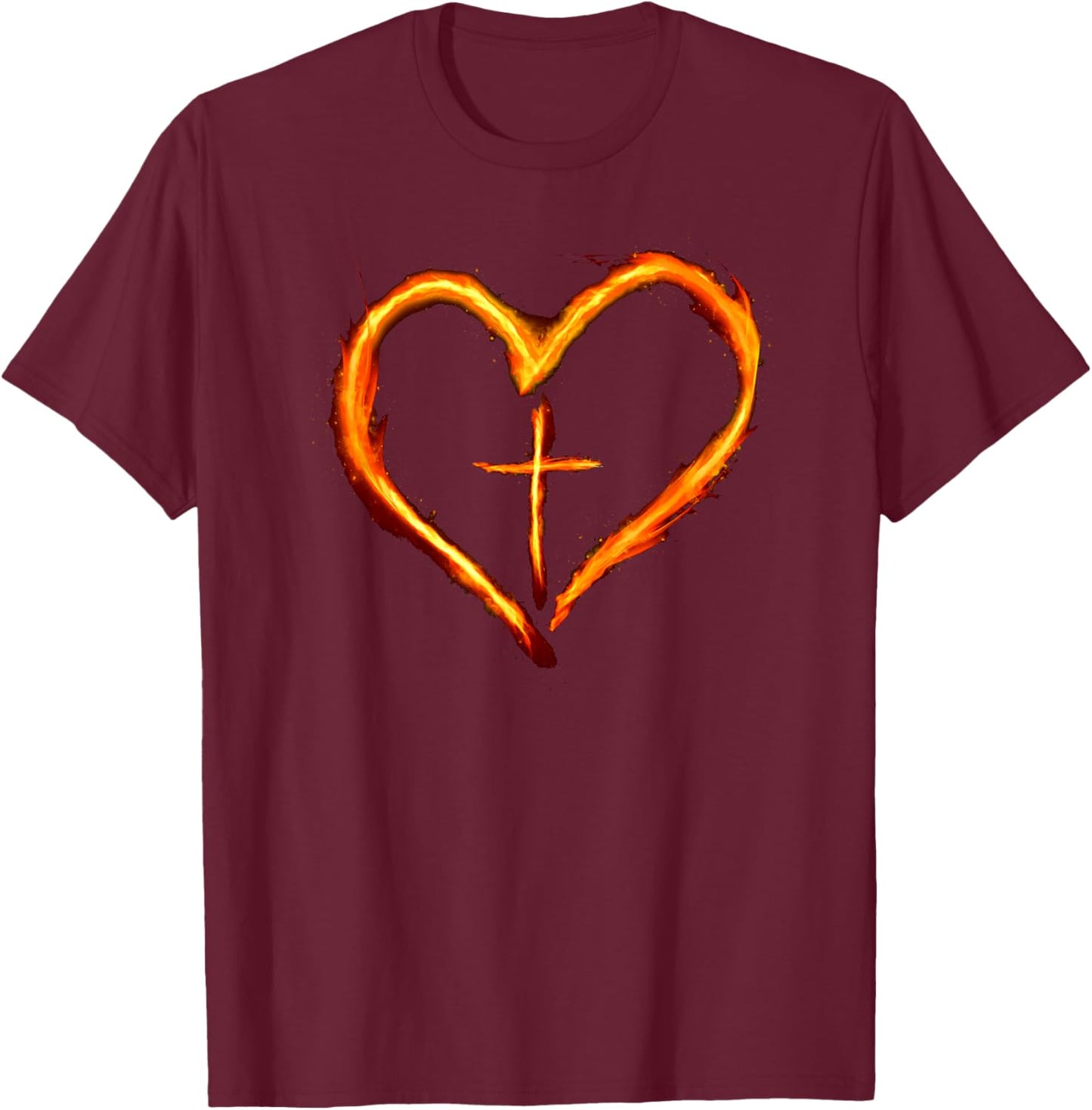 Christian Cross Revival Heart Flame – Be on Fire for Jesus T-Shirt - T-Shirt | Maroon