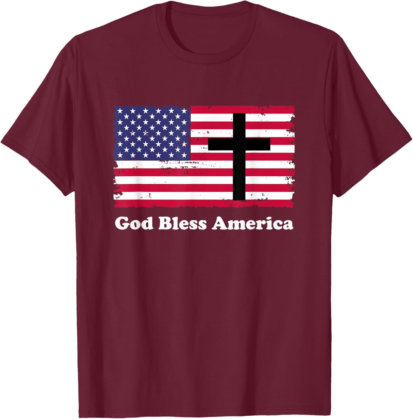 God Bless America Patriotic Flag with Cross T-Shirt - T-Shirt | Maroon