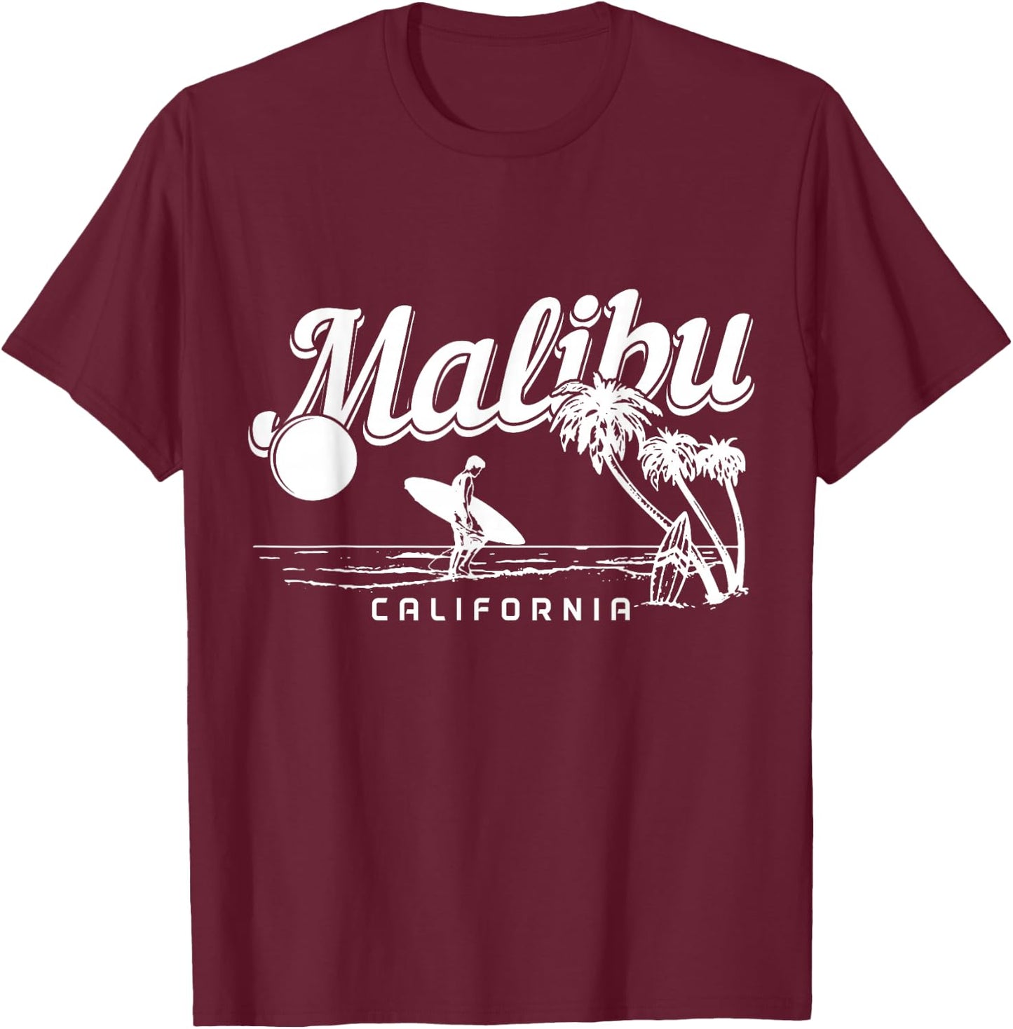 Malibu Beach California Surf Vintage Souvenir Surfing Surfer T-Shirt - T-Shirt | Maroon