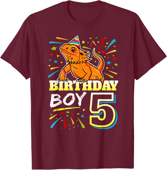 Bearded Dragon Lizard Kids 5th Birthday - 5 Year Old Boy T-Shirt - T-Shirt | Maroon