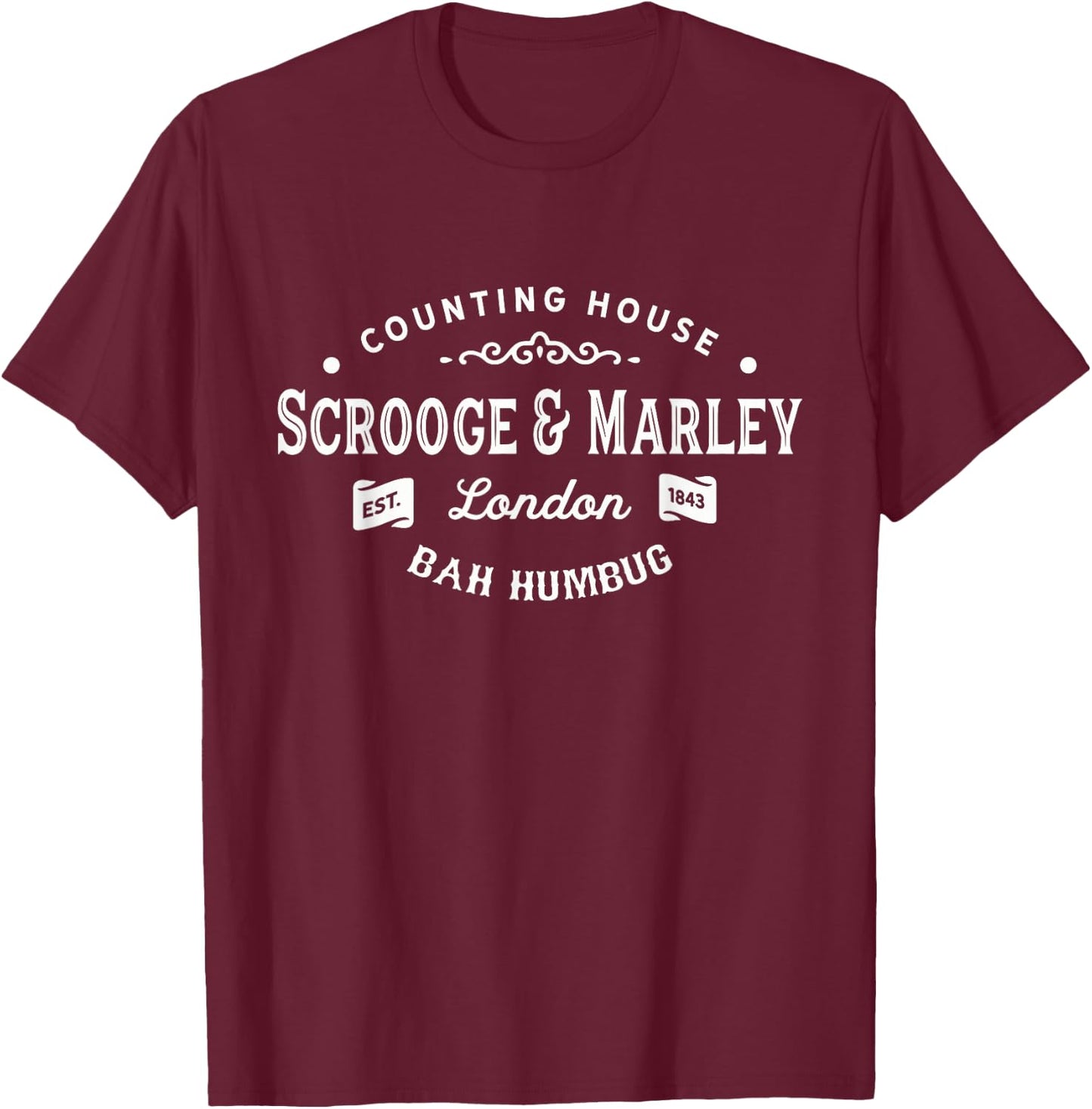 Scrooge and Marley Counting House Christmas Carol Bah Humbug T-Shirt - T-Shirt | Maroon