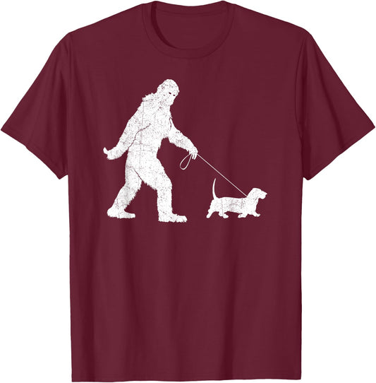 Funny Bigfoot Sasquatch Walking Basset Hound Dog Lovers T-Shirt - T-Shirt | Maroon