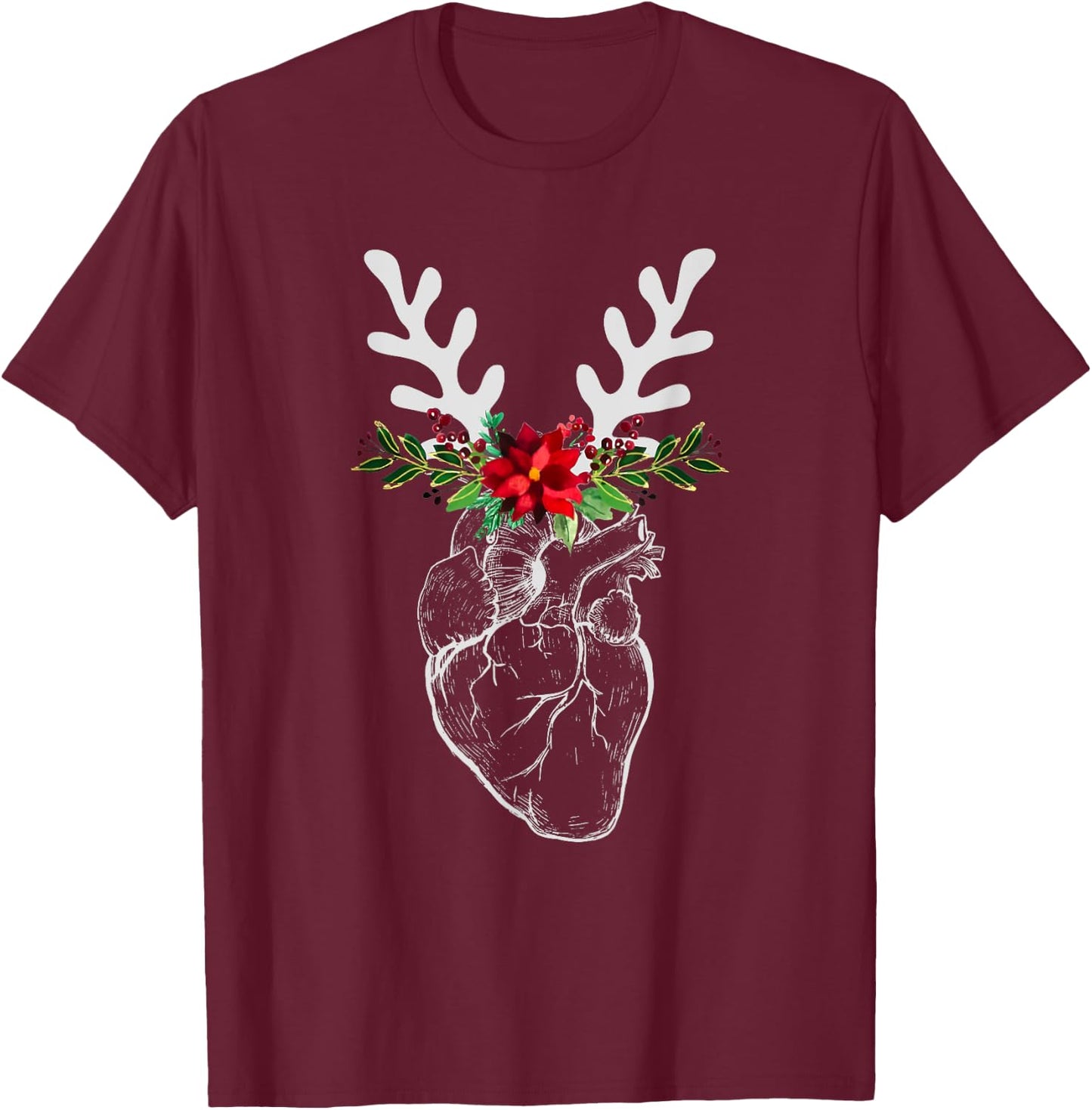 Nurse Heart Anatomy Reindeer Heart Cath Lab RN Cardiology Hu T-Shirt - T-Shirt | Maroon