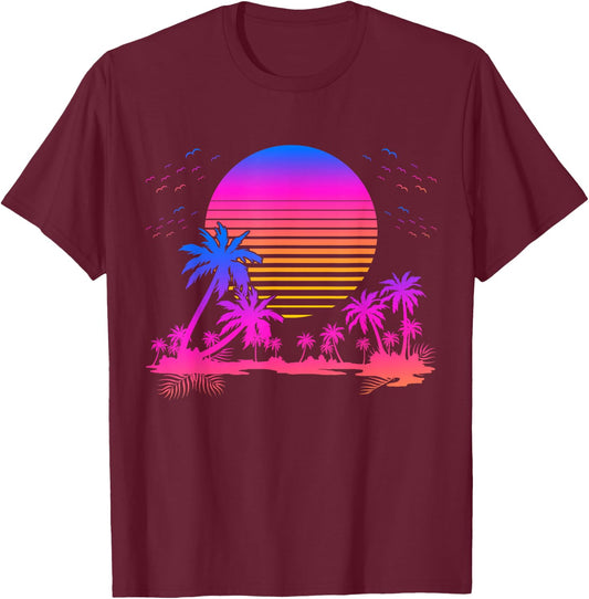 Synthwave Summer 1980s Art Retro Palm Trees Vaporwave T-Shirt - T-Shirt | Maroon