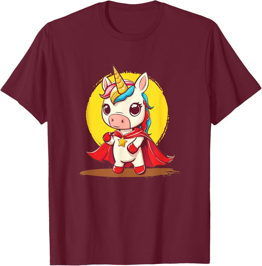 Good-looking Unicorn in Superhero Uniform with Cape T-Shirt - T-Shirt | Maroon