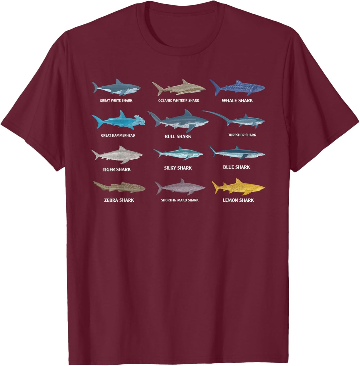 Types Of Shark Ocean Animal Biology Life Shark Lover T-Shirt - T-Shirt | Maroon