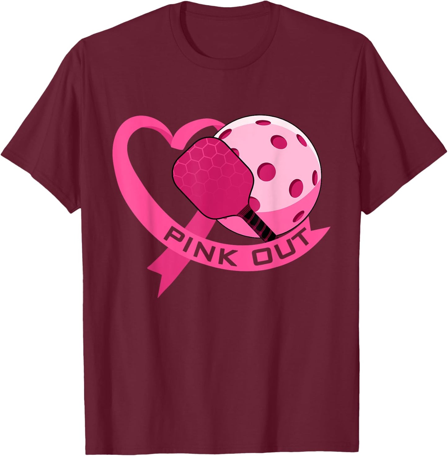 Pink Out Breast Cancer Pink Ribbon Heart & Pickleball Ball T-Shirt - T-Shirt | Maroon