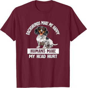Funny Humans Hurt My Head Happy Piebald Dachshund Lover T-Shirt - T-Shirt | Maroon