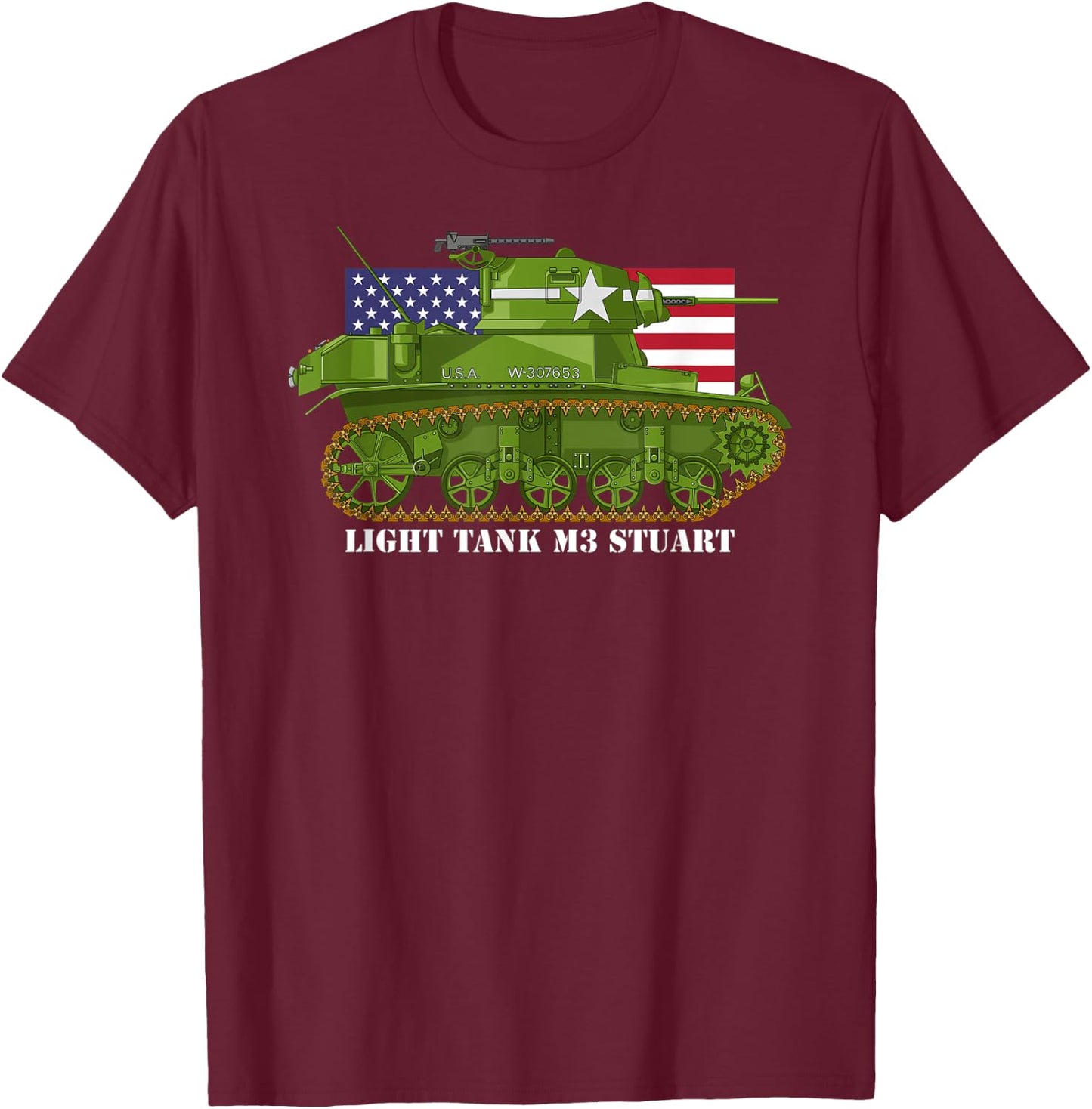 Light Tank M3 Stuart WW2 American Tanks USA Flag Women Kids Men T-Shirt - T-Shirt | Maroon