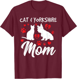 Cat and Yorkie Dog Mom Cute Yorkshire Mama Dog Owner Mother T-Shirt - T-Shirt | Maroon
