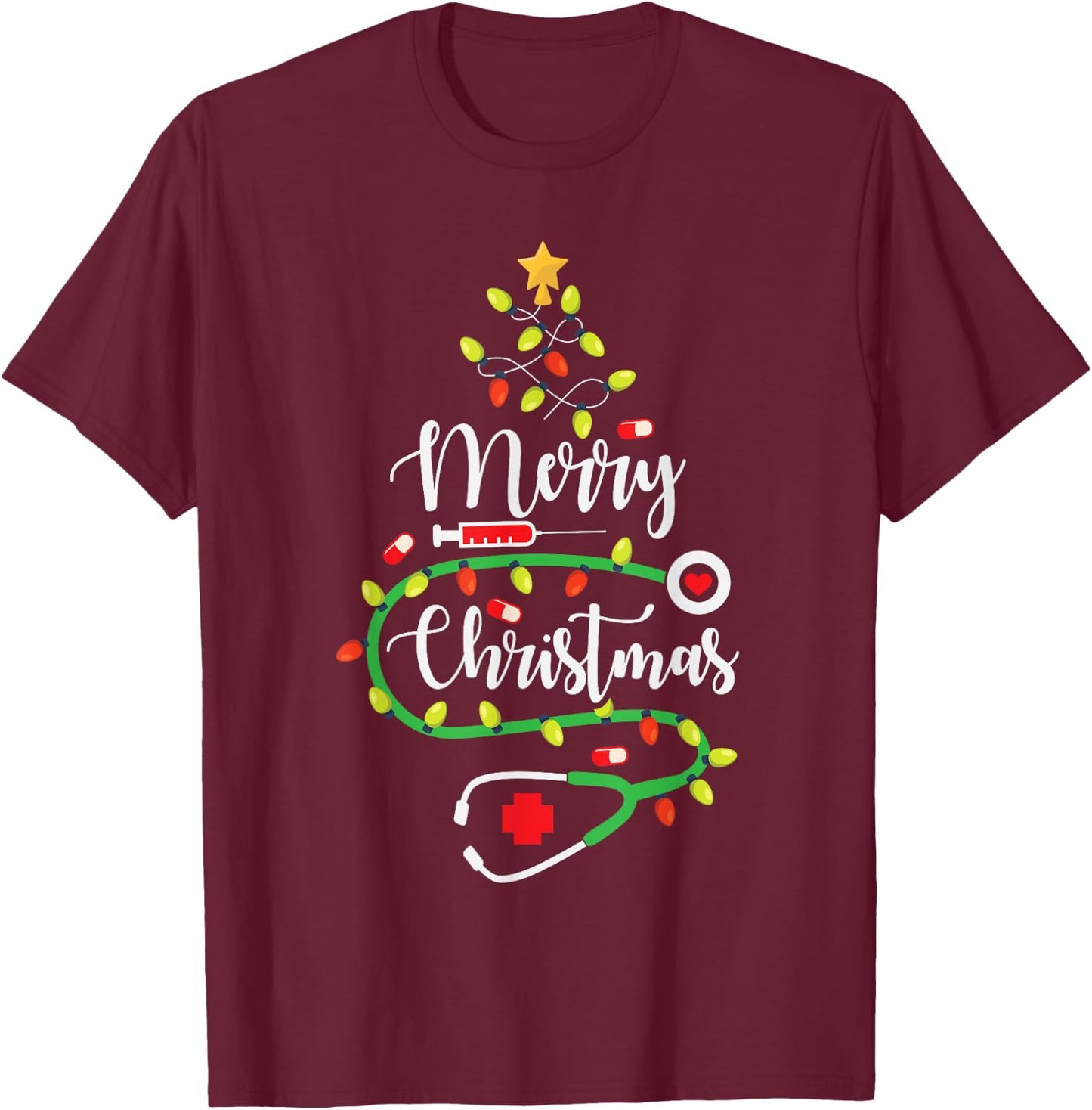 Merry Christmas Cute Registered Nurse Medical Stethoscope T-Shirt - T-Shirt | Maroon