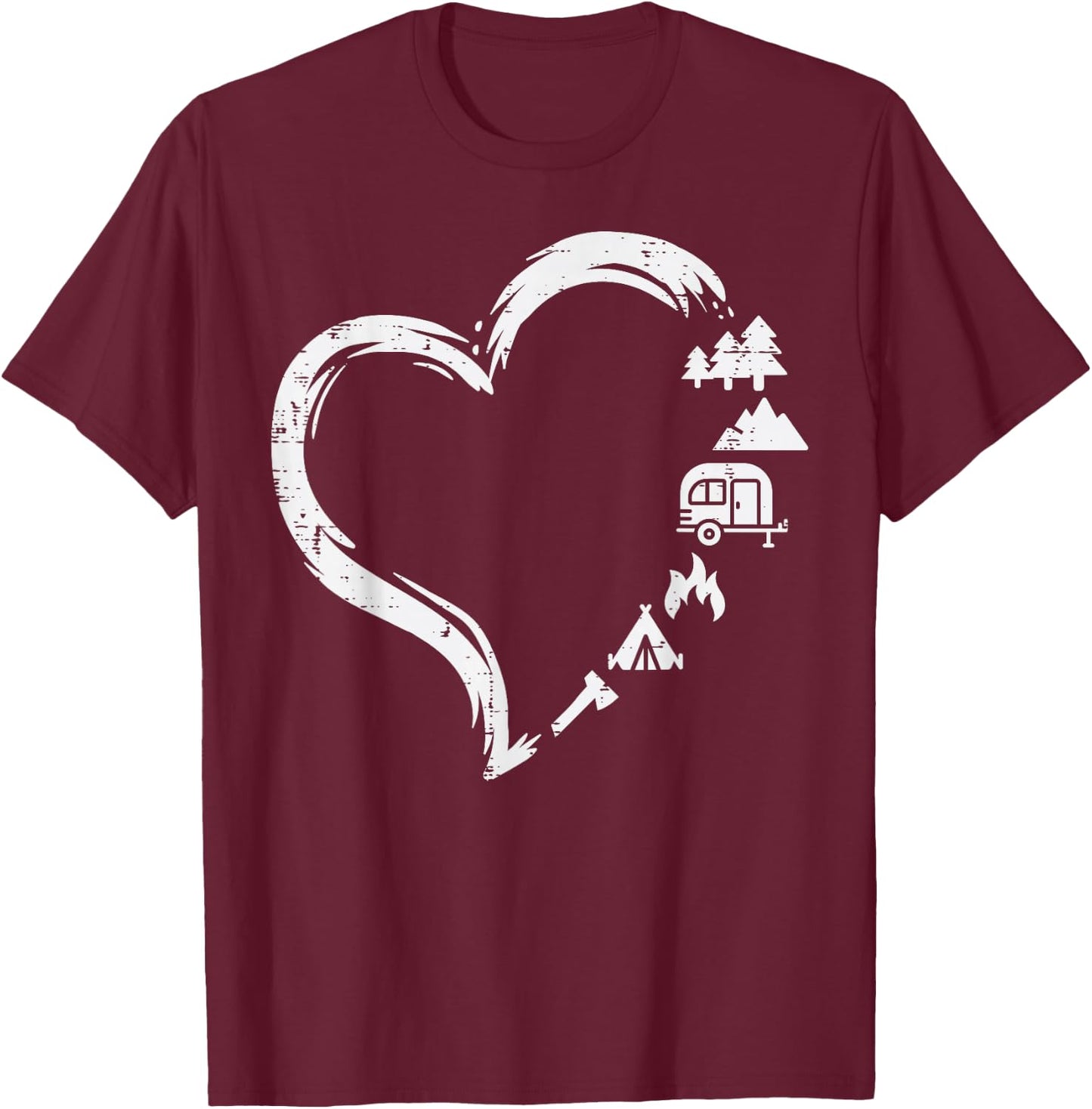 Trees RV Van Campfire Tent Heart Cute Love Camping Camper T-Shirt - T-Shirt | Maroon