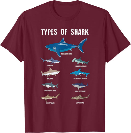 9 Types Of Sharks Educational Colorful Ocean Sea Marine Life T-Shirt - T-Shirt | Maroon