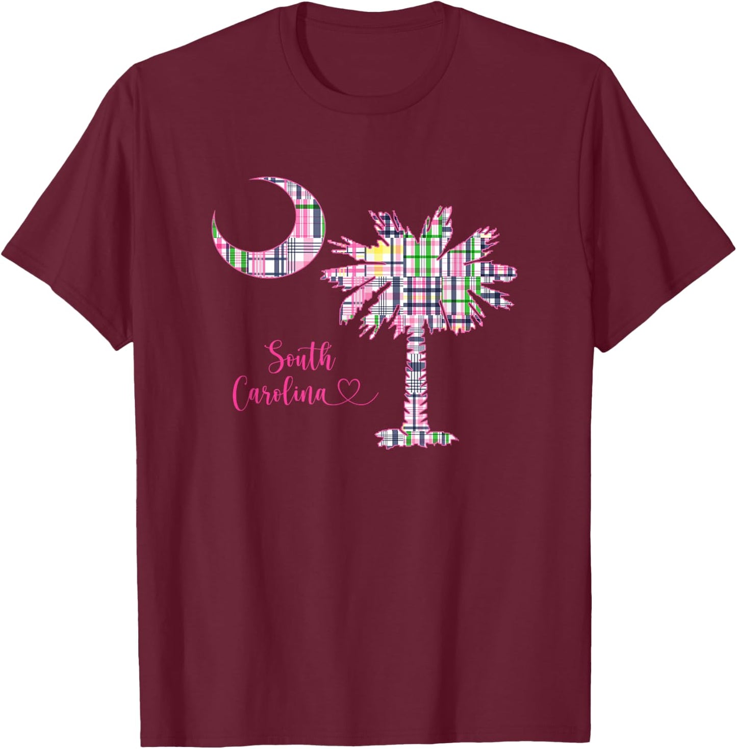 Hilton Head Island South Carolina Palm Moon Madras Plaid T-Shirt - T-Shirt | Maroon