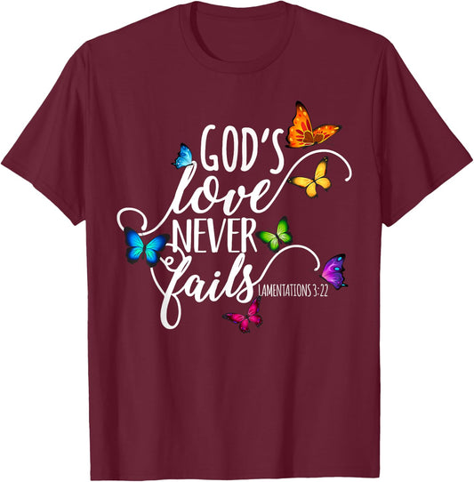 God's Love Never Fails - Butterfly Art - Religious T-Shirt - T-Shirt | Maroon