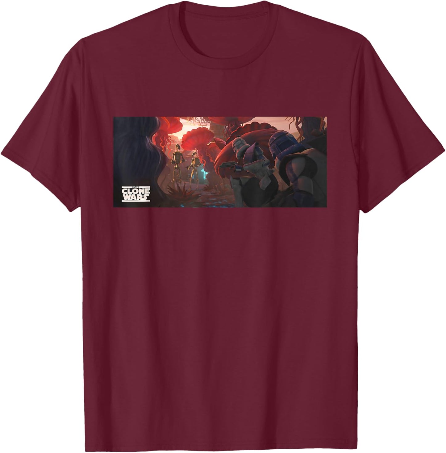 Star Wars The Clone Wars Battle Droids and Commander Rex T-Shirt - T-Shirt | Maroon