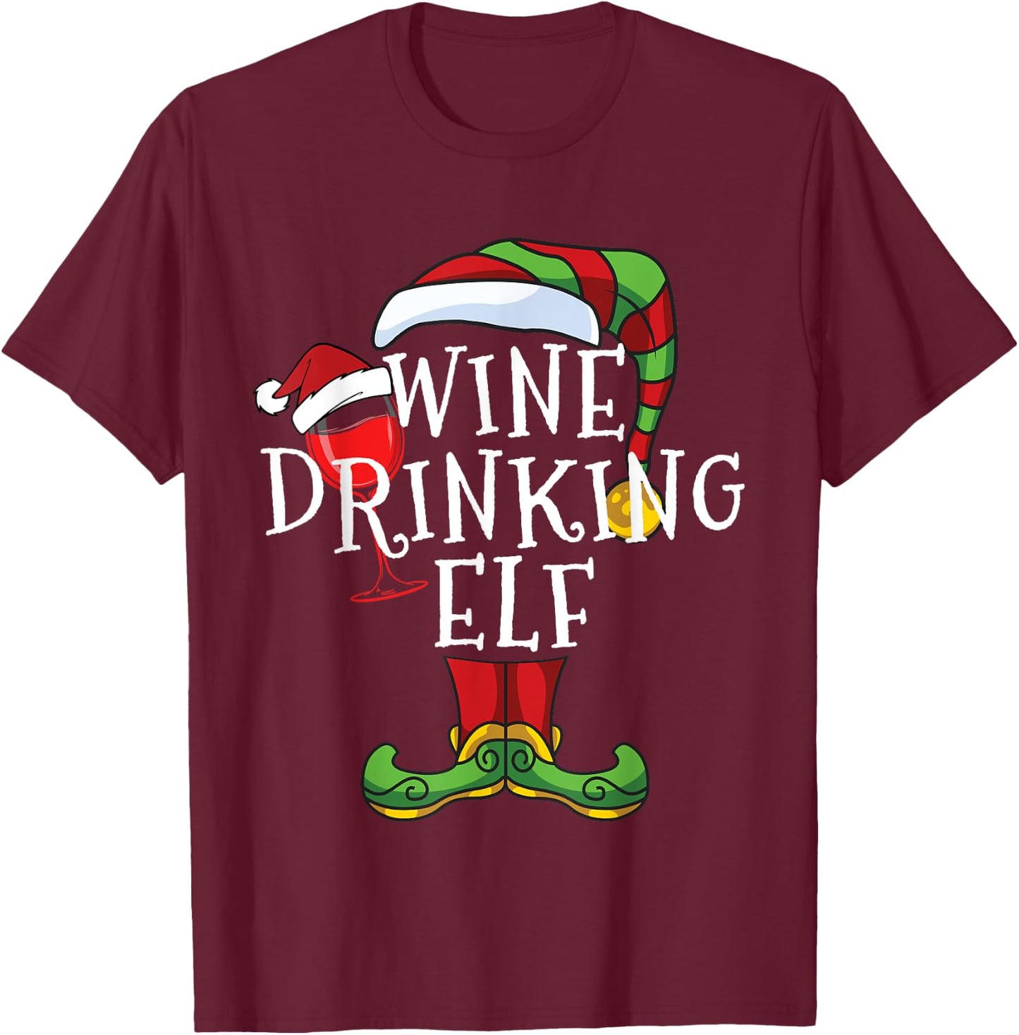 Wine Drinking Elf Lover Family Matching Christmas Funny T-Shirt - T-Shirt | Maroon