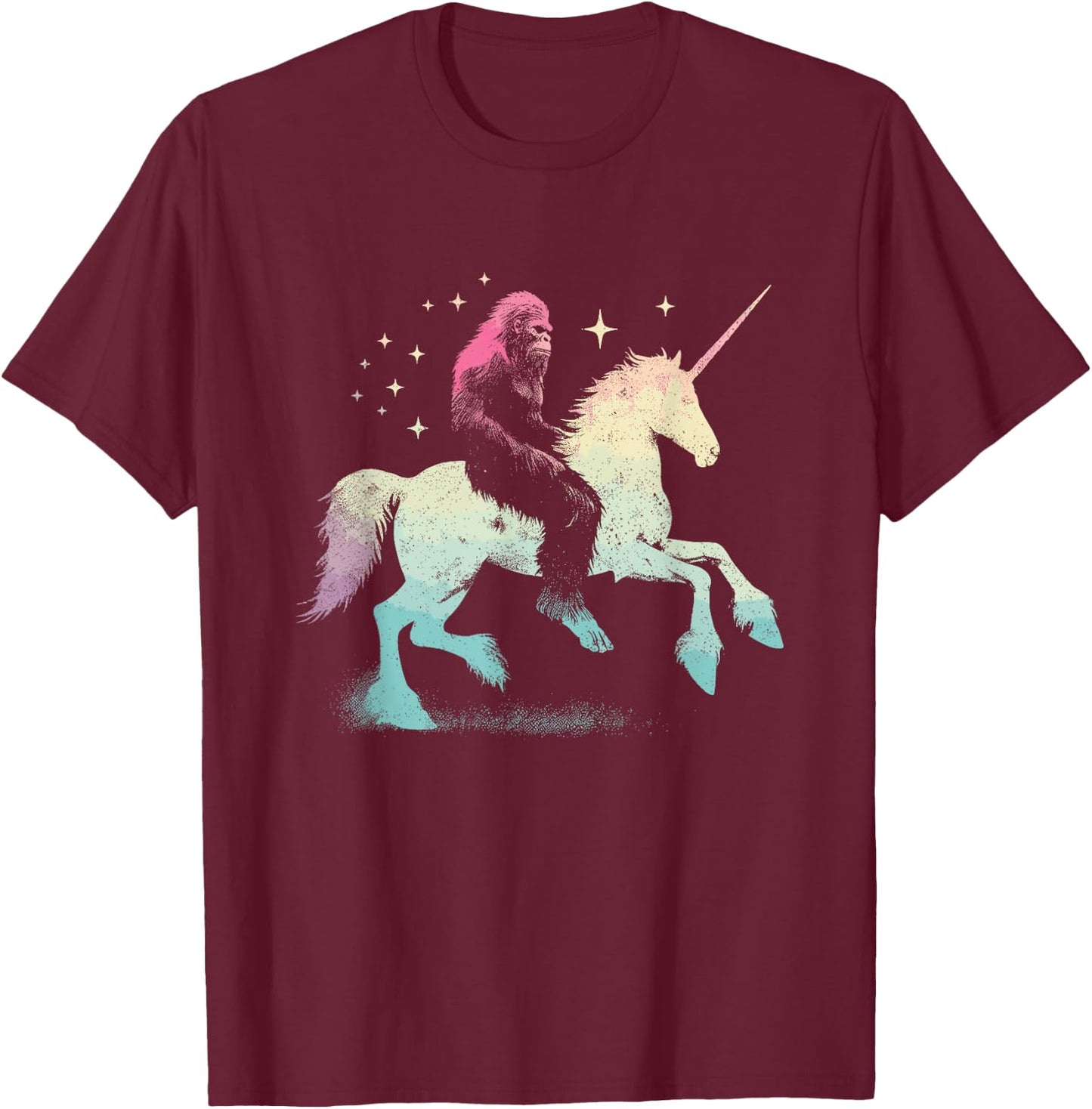 Bigfoot Riding A Unicorn - Funny Graphic Sasquatch Lover T-Shirt - T-Shirt | Maroon