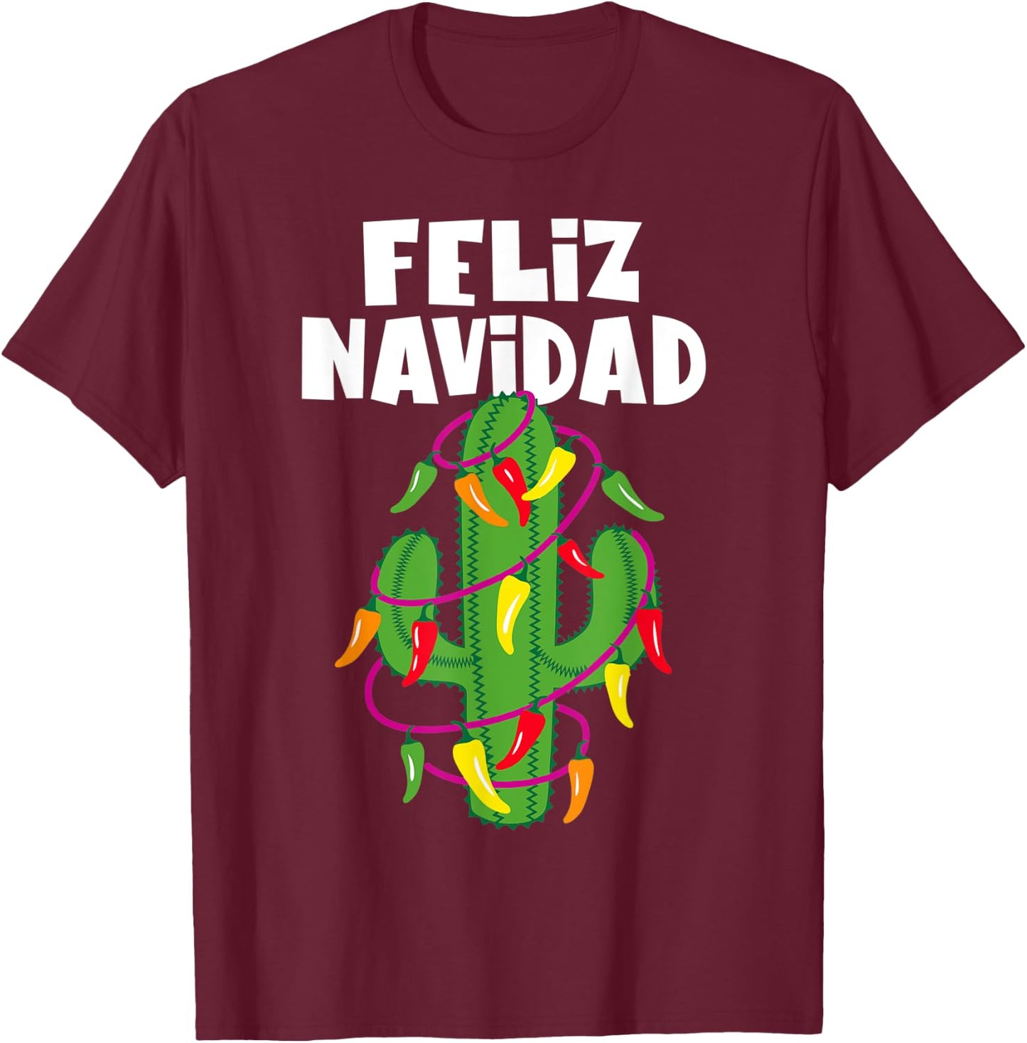 Funny Feliz Navidad Cactus Tree & Lights Spanish Pajama Top T-Shirt - T-Shirt | Maroon