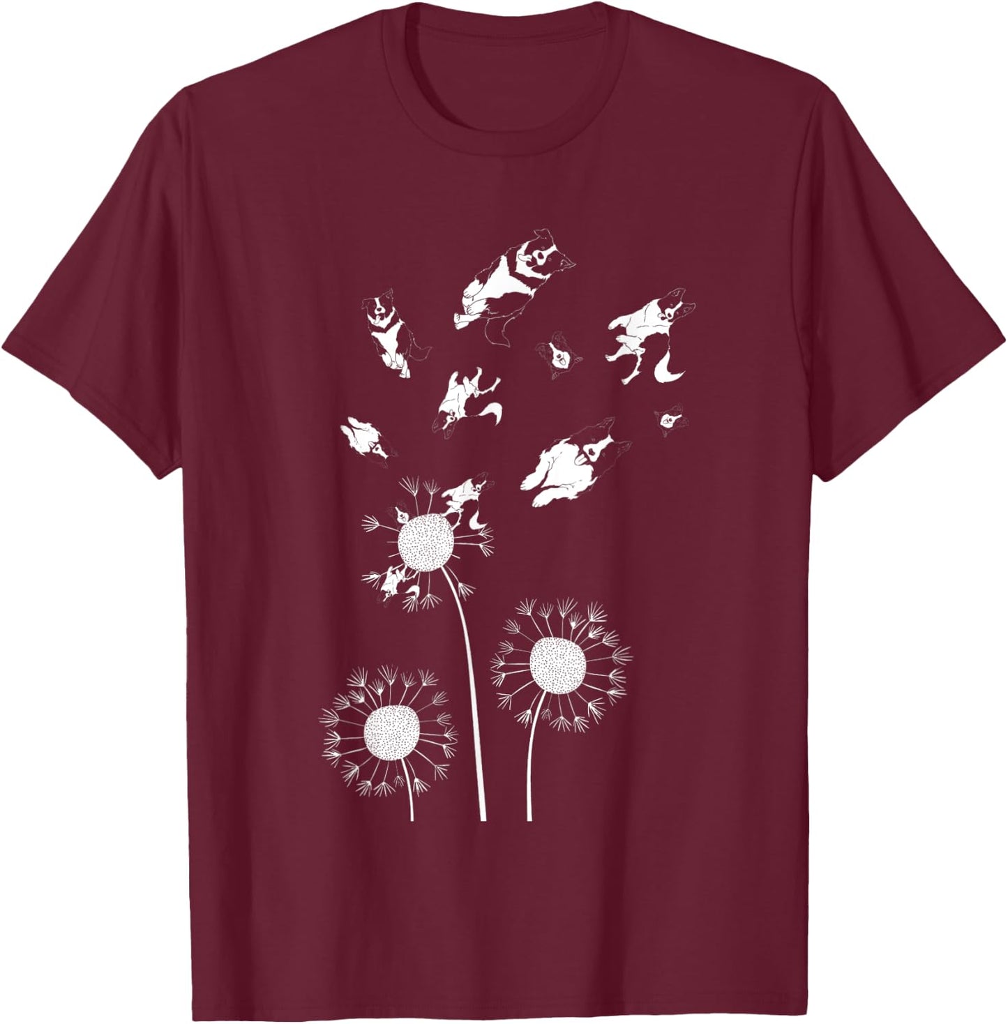 Floral Flower Dandelion Dog Lover Border Collie Women Kids T-Shirt - T-Shirt | Maroon