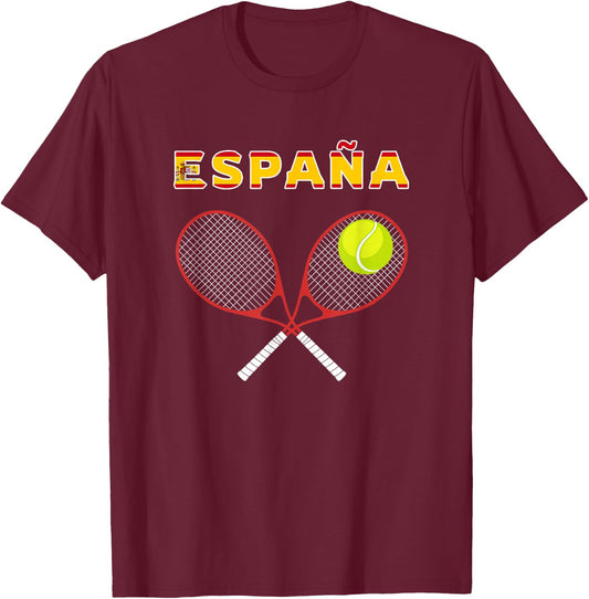 Spain Tennis Ball, Racket / Country Flag España Player, Fans T-Shirt - T-Shirt | Maroon