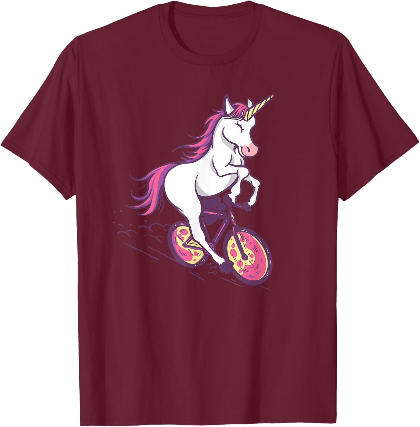 Magical Unicorn Riding Bike - Cute Illustration T-Shirt - T-Shirt | Maroon