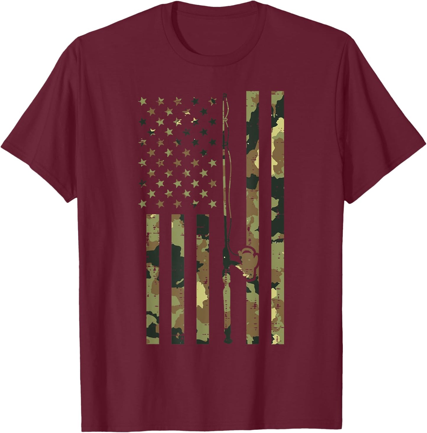 Camo US Flag Fishing Rod Pole Vintage Patriotic Fisherman T-Shirt - T-Shirt | Maroon