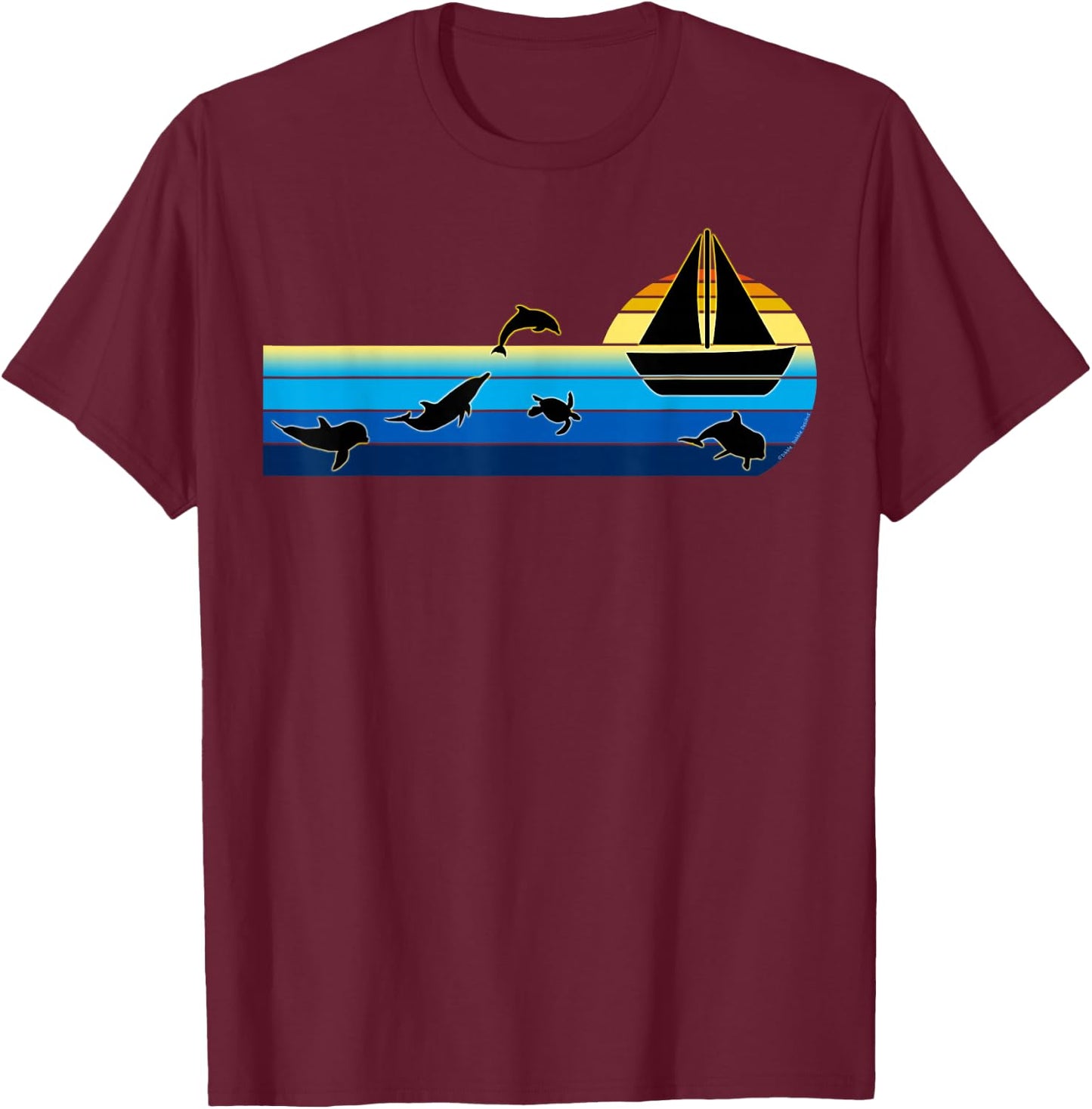 Nautical Sunrise Sailboat with Dolphins Beach Summer Sailing T-Shirt - T-Shirt | Maroon